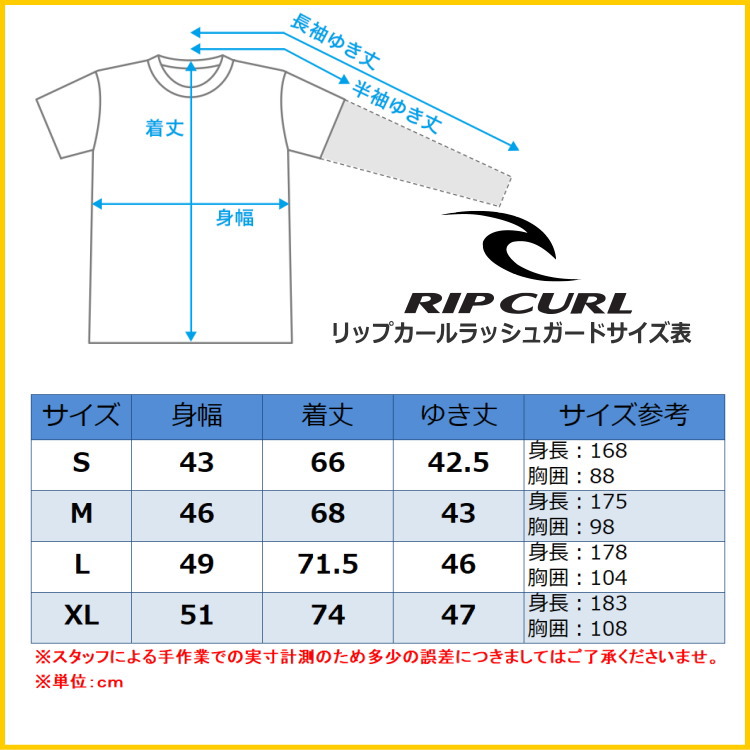 リップカールラッシュガード男性用サイズ表
