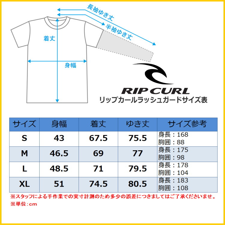 リップカールラッシュガード男性用サイズ表