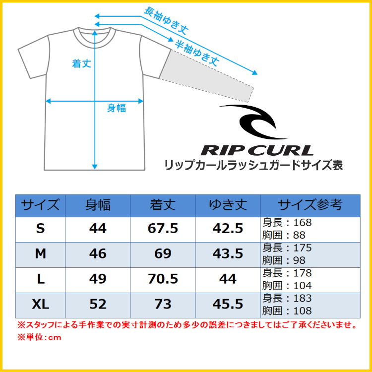 リップカールラッシュガード男性用サイズ表