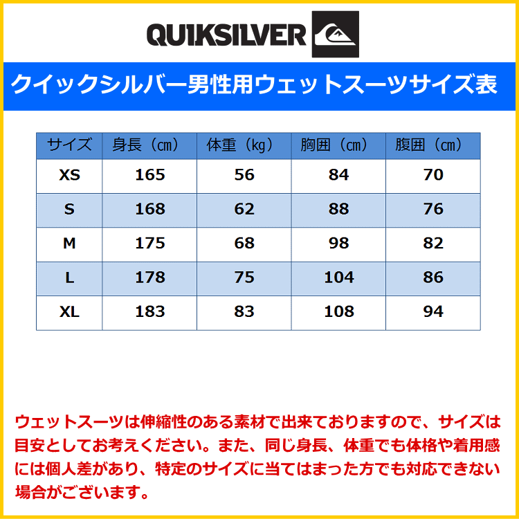 クイックシルバーウェットスーツメンズサイズ表